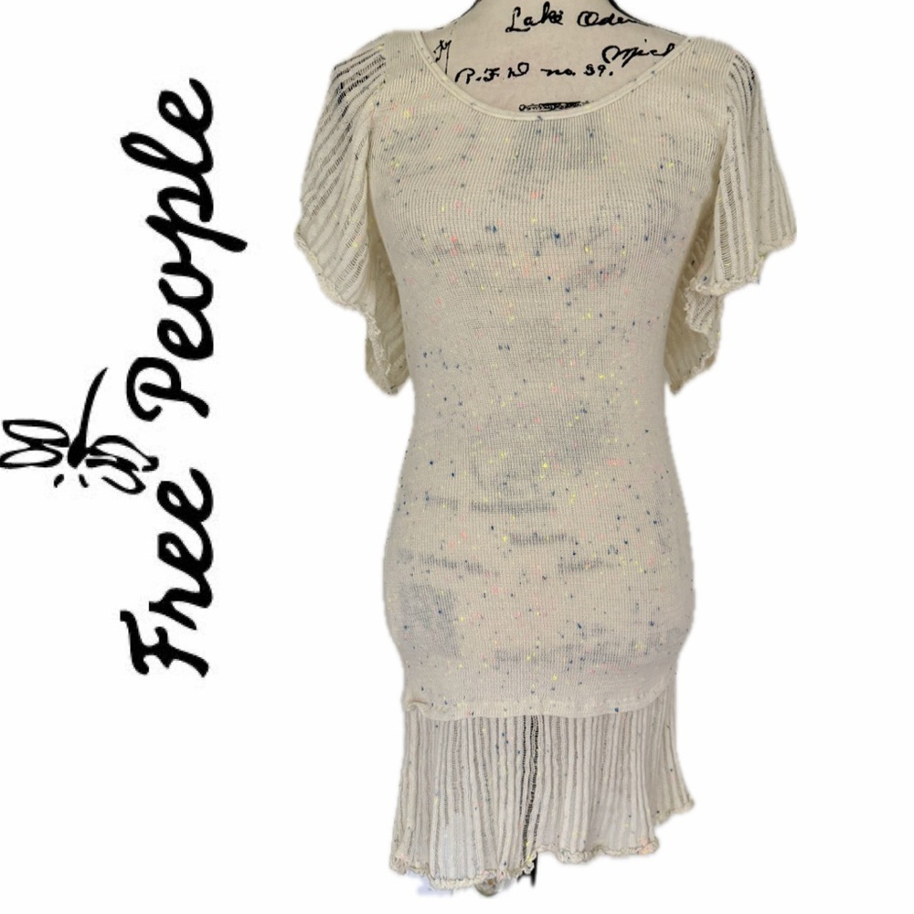Free People Knit Mini Dress Cream Confetti Speckle Sz L Ruffles Rare Oatmealcore